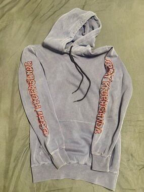 Obey Propaganda Light Gray Hoodie with Orange Sleeve Graphic